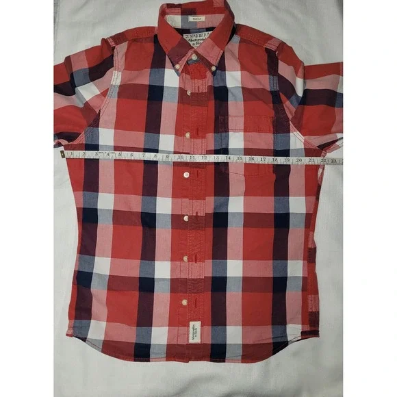VTG Abercrombie & Fitch Men Large Flannel Plaid Muscle Shirt Y2K Preppy Red/Blue - Picture 4 of 6